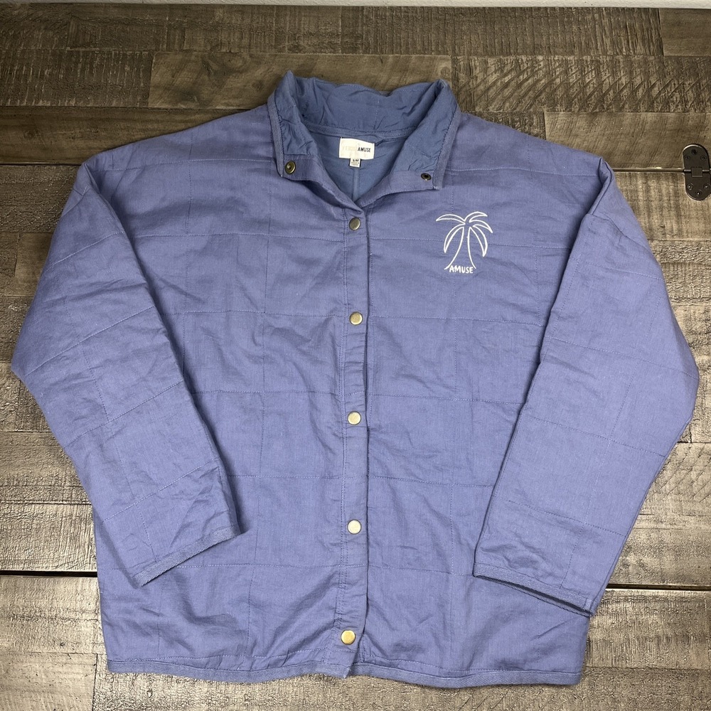 Amuse Society Oversized Jacket Small Medium Blue Quilted Lightweight Palm Tree